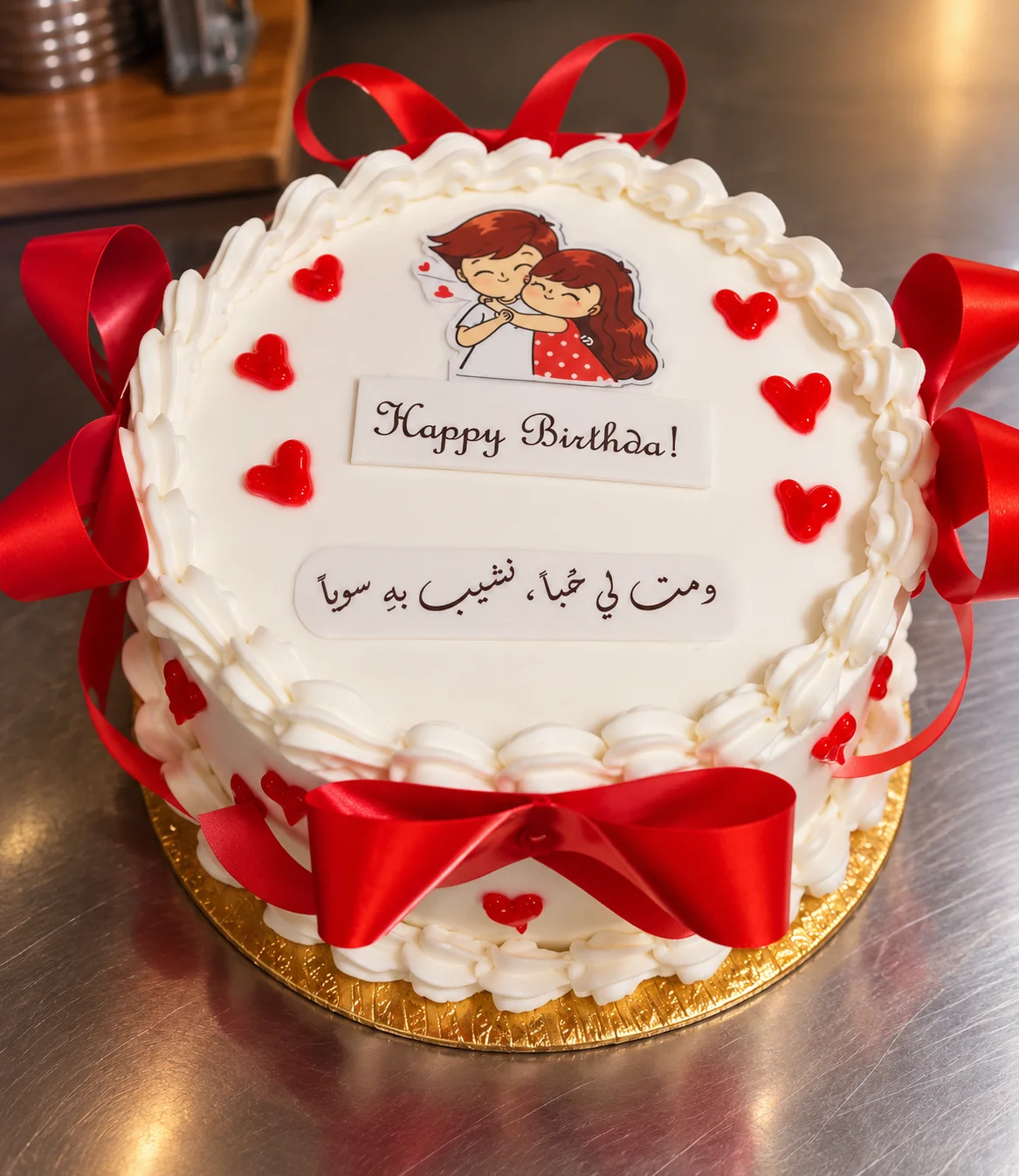 كيكة عيد ميلاد بتصميم رومانسي، تزيّنها القلوب الحمراء والفيونكات الأنيقة ❤️🎂