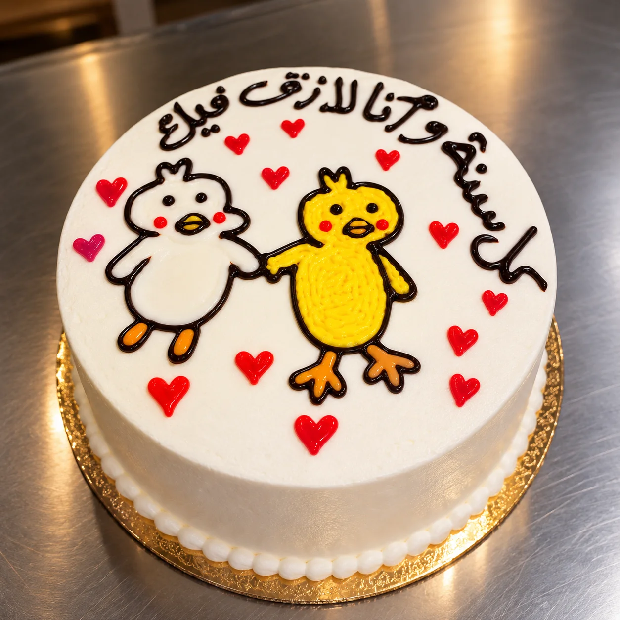 كيكة مميزة بتصميم كتكوتين لطيفين، تزيّنها القلوب الحمراء ولمسات مليئة بالحب ❤️🐥